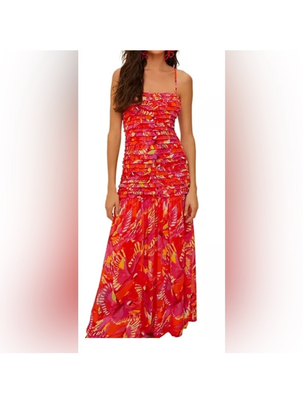 Farm Rio - NWT- Orange Flying Birds Strapless Smocked Maxi Dress - Picture 2 of 15